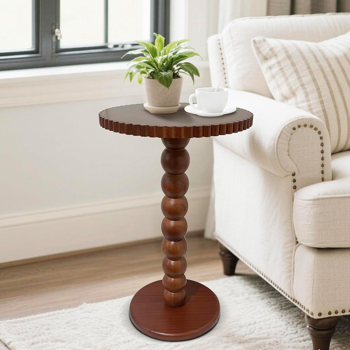 Slot Edge Round Side Table - Small Space Accent Table w/Solid Wood Leg - 12" Modern Drink Table, Nightstand for Bedroom, Living Room, Office & Tight Corners (Brown)