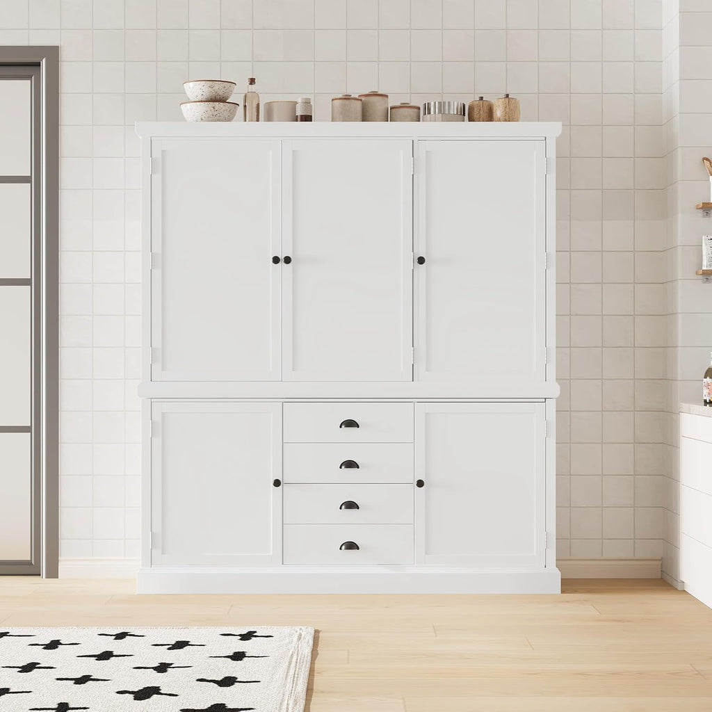 73" Freestanding Kitchen Pantry Organizer - Wooden Storage Unit with 4 Shelved Compartments, 4 Storage Bins & 8 Adjustable Shelves for Dining Room Kitchen Organization (White19)