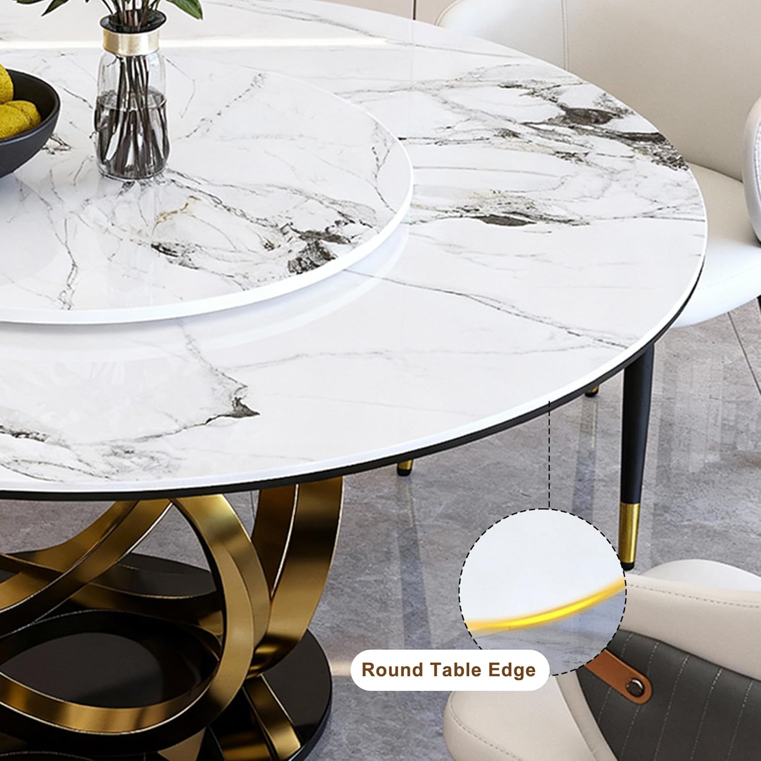 Montary 53” Modern Round Dining Table for 4-8 Seat, Artificial Marble Dining Room Table with Lazy Susan, 3 Gold Circles Stainless Steel Base, Sintered Stone Top Dining Table (Only Table)