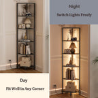 Furnulem 6 Tier Corner Shelf with LED Light, 67.5" Black Narrow Bookshelf | Tall Standing Shelf Organizer, Storage Rack for Wall Corner, Living Room, Bedroom, Metal Frame, Wood Display Shelf