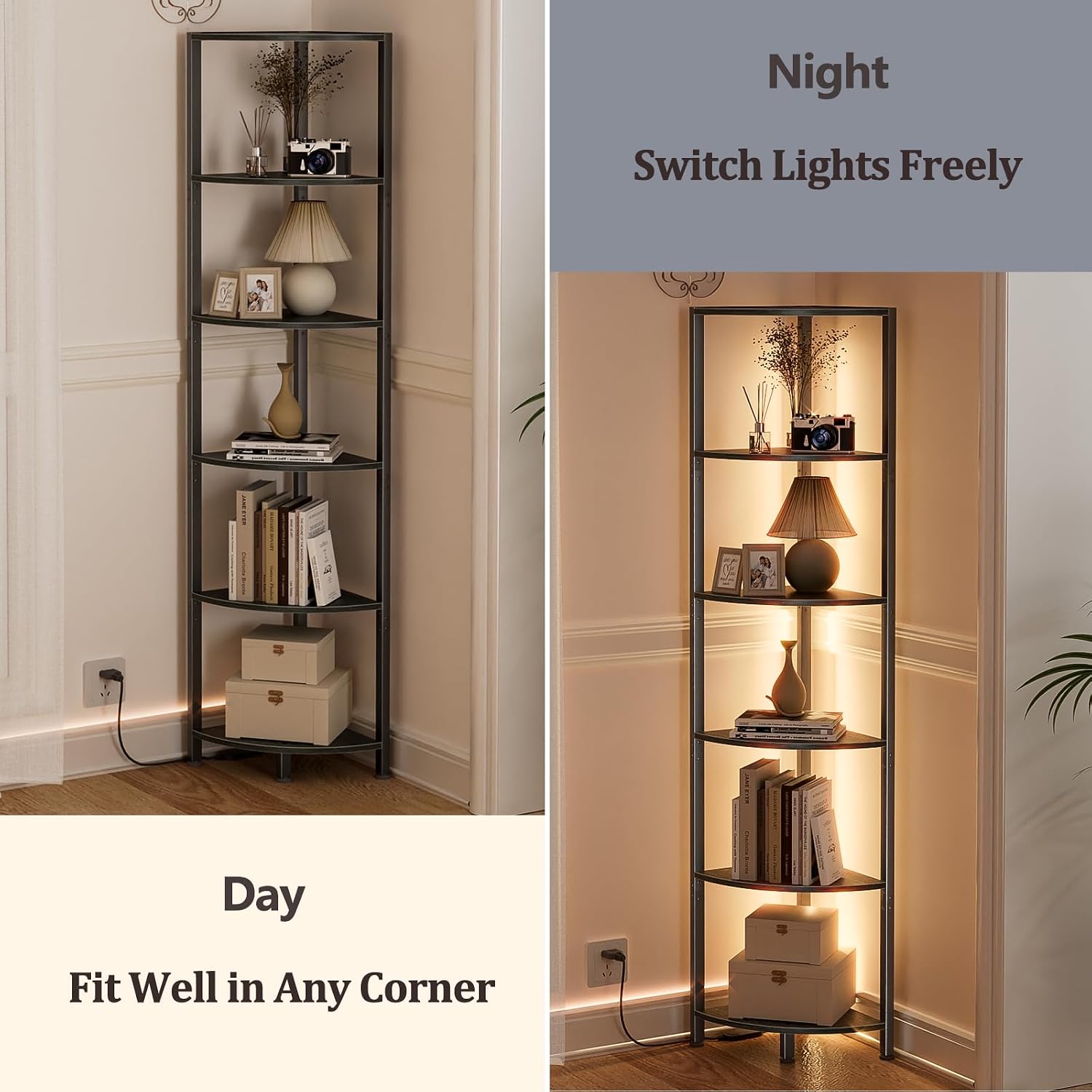 Furnulem 6 Tier Corner Shelf with LED Light, 67.5" Black Narrow Bookshelf | Tall Standing Shelf Organizer, Storage Rack for Wall Corner, Living Room, Bedroom, Metal Frame, Wood Display Shelf