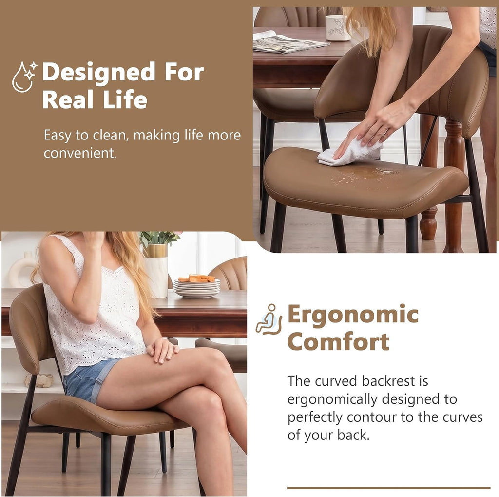 PU Leather Dining Chairs Set of 4, Mid Century Modern Dining Chairs with Stitching, Upholstered Kitchen & Dining Room Chairs with Curved Back and Black Metal Legs (Brown)