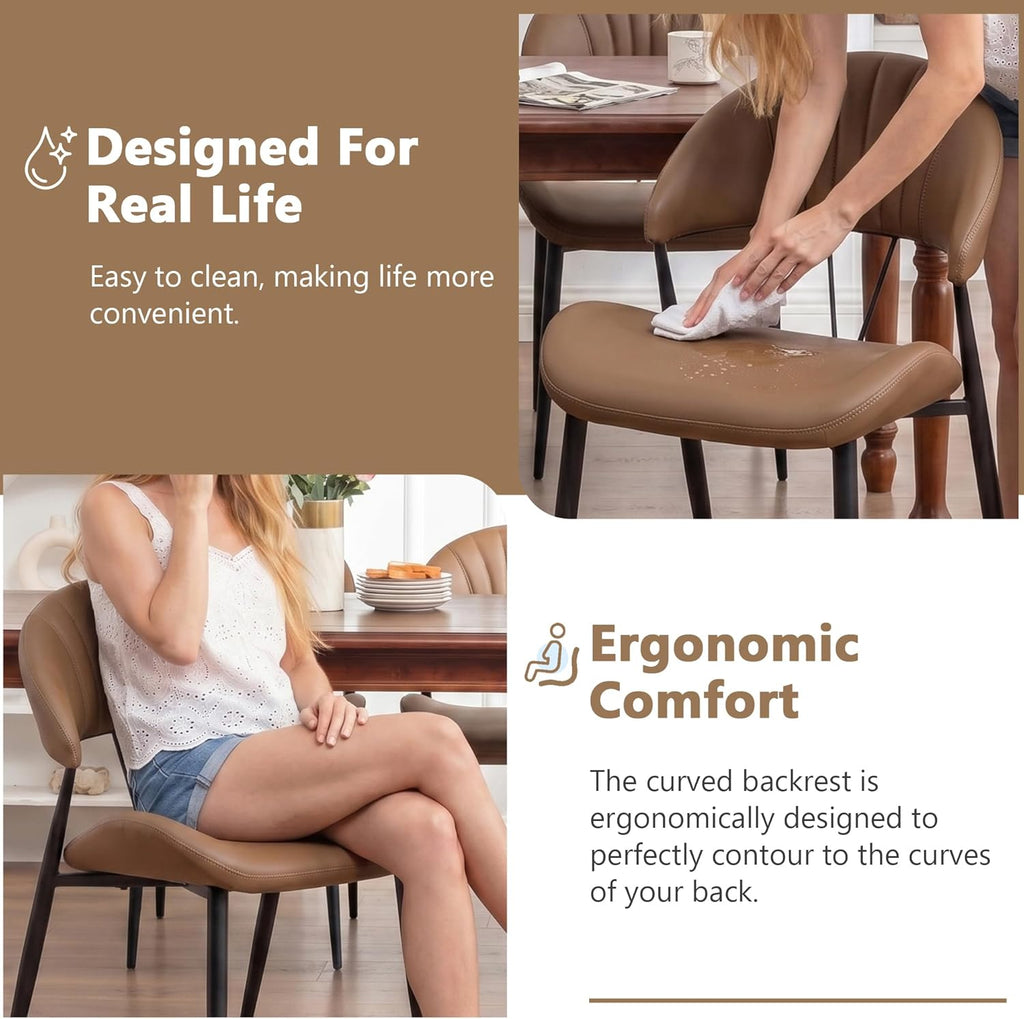 PU Leather Dining Chairs Set of 6, Mid Century Modern Dining Chairs with Stitching, Upholstered Kitchen & Dining Room Chairs with Curved Back and Black Metal Legs (Brown)