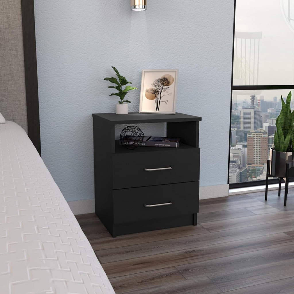 Nightstand, End Table, Side Table Superior Top, Two Drawers, One Shelf -Black,for Small Spaces