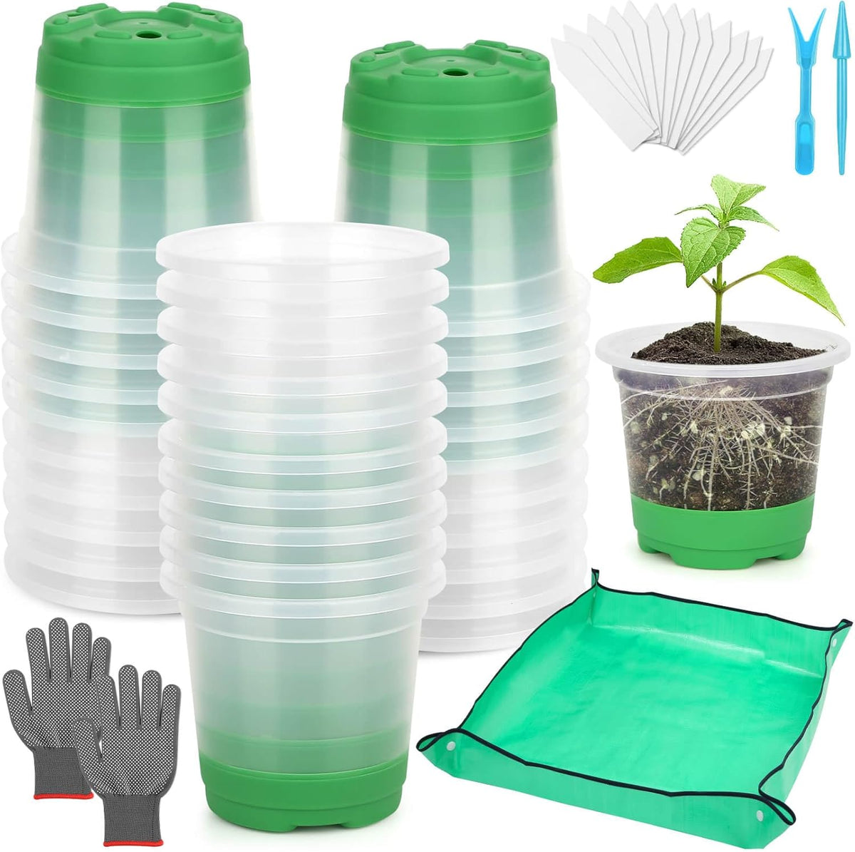 Caffox 55PCS Reusable Seed Starter Kit Includes 30 Packs 3.5" Clear Nursery Pots with Silicone Base, Repotting Mat, Gardening Gloves, Plant Labels and Seedling Tools for Easy Transplant
