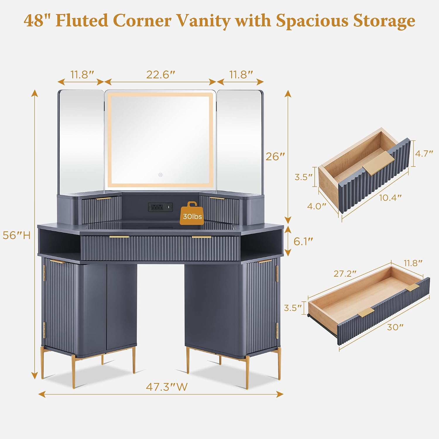 T4TREAM 48" Corner Makeup Vanity with Lighted Triple Mirror, Dark Grey