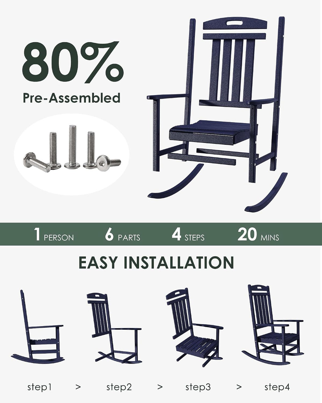 Outdoor Rocking Chair Set of 4, All-Weather Resistant Poly Lumber Rocker Chair Outdoor, High Back Plastic Patio Rocking Chairs for Outside Porch Rocker Garden Lawn, Navy Blue