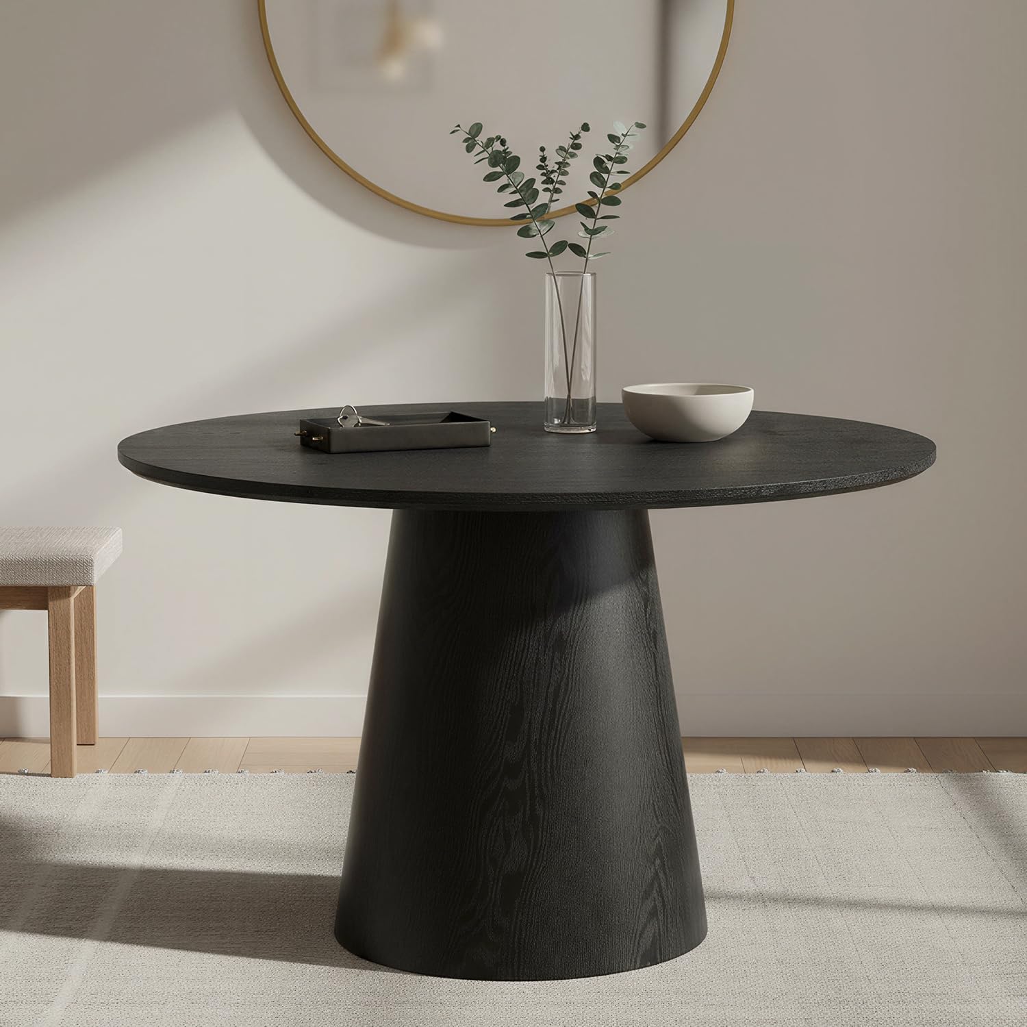 Black Round Dining Table for 4-6, Modern Wood Kitchen Table, 45" Circle Dining Table with Pedestal for Kitchen,Living Room,Apartment,Restaurant,Small Spaces