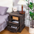 ALBAD Farmhouse Nightstand with Charging Station Rustic Bedside Table with 2 Drawers and Cubby Storage End Table with Metal Handle for Bedroom Office, Walut Brown