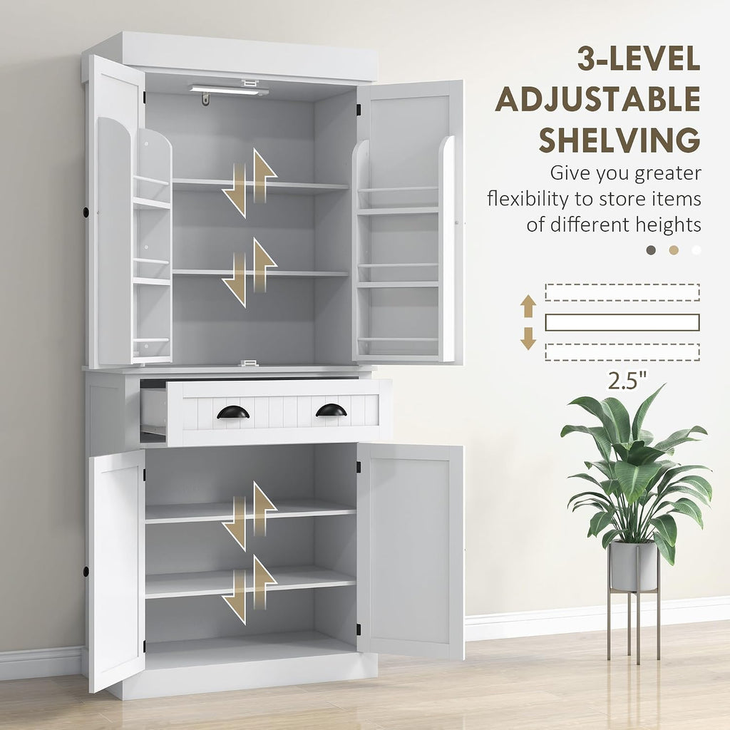 HOMCOM 71" Kitchen Pantry Cabinet LED Motion Sensor Light Drawer White | Tall Storage Cabinet, 6 Door Shelves, Adjustable Shelves, Living & Dining Room
