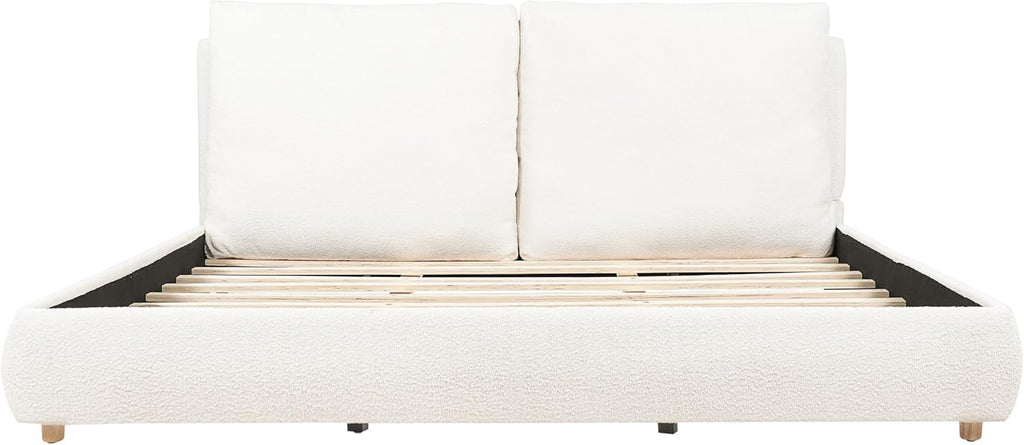 DNYN California King Size Boucle Platform Bed with 2 Removable Pillows for Bedroom Guest Room, Upholstered Cloud Bed Frame with Thick Headboard, Wooden Slats Support/No Box Spring Needed/Easy Assemble