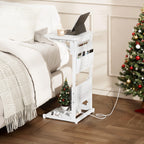 HLDIRECT C Shaped End Table with Charging Station, Couch Side Table with Storage Bag, Foldable TV Tray with 2 USB Ports and Outlets for Living Room, Bedroom, White