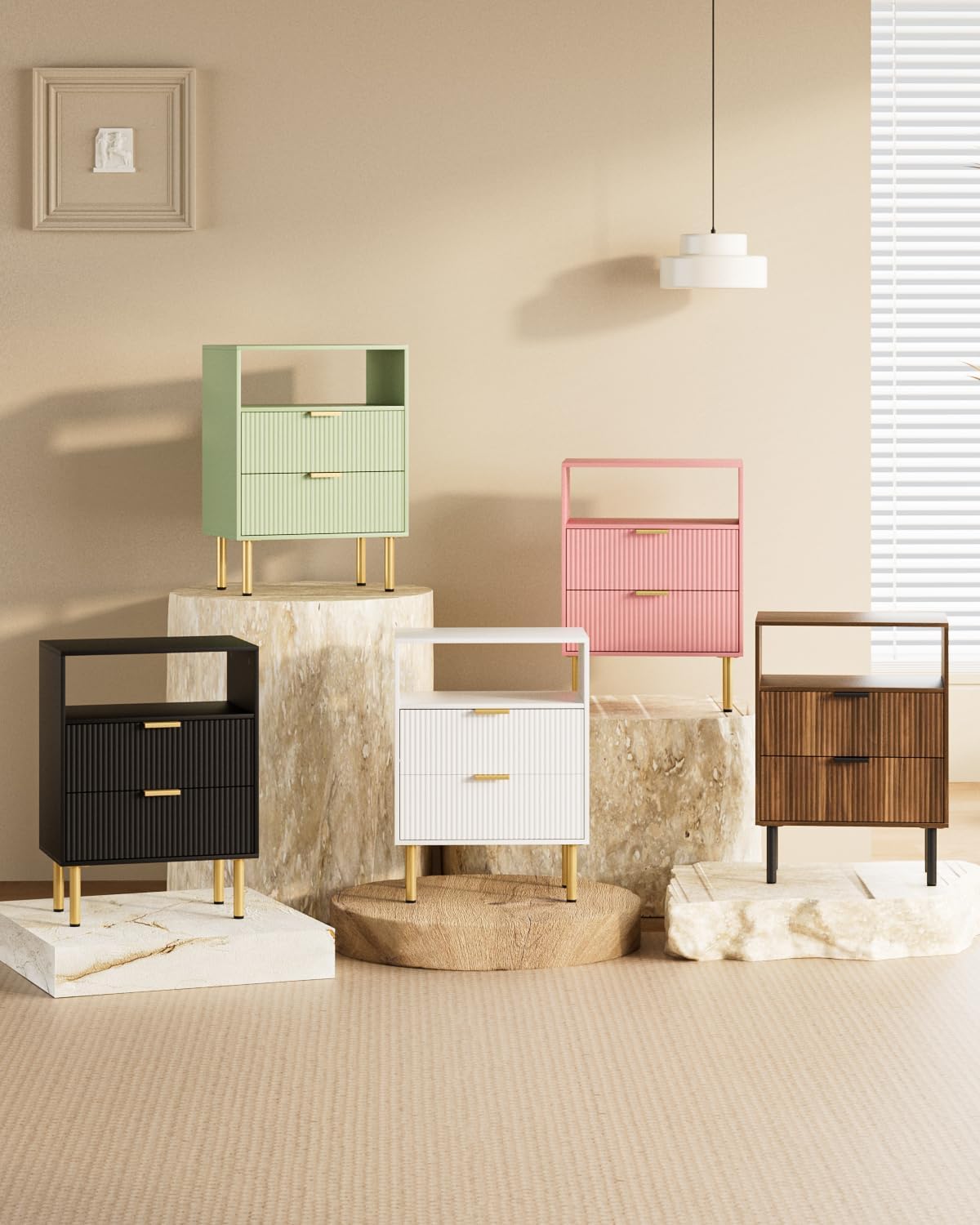Night Stand,25.7" H Bedside Table with 2-Drawer Shelf,Morden Nightstand with Gold Frame,Fluted Side Table with Gold Frame,End Table for Bedroom,Living Room