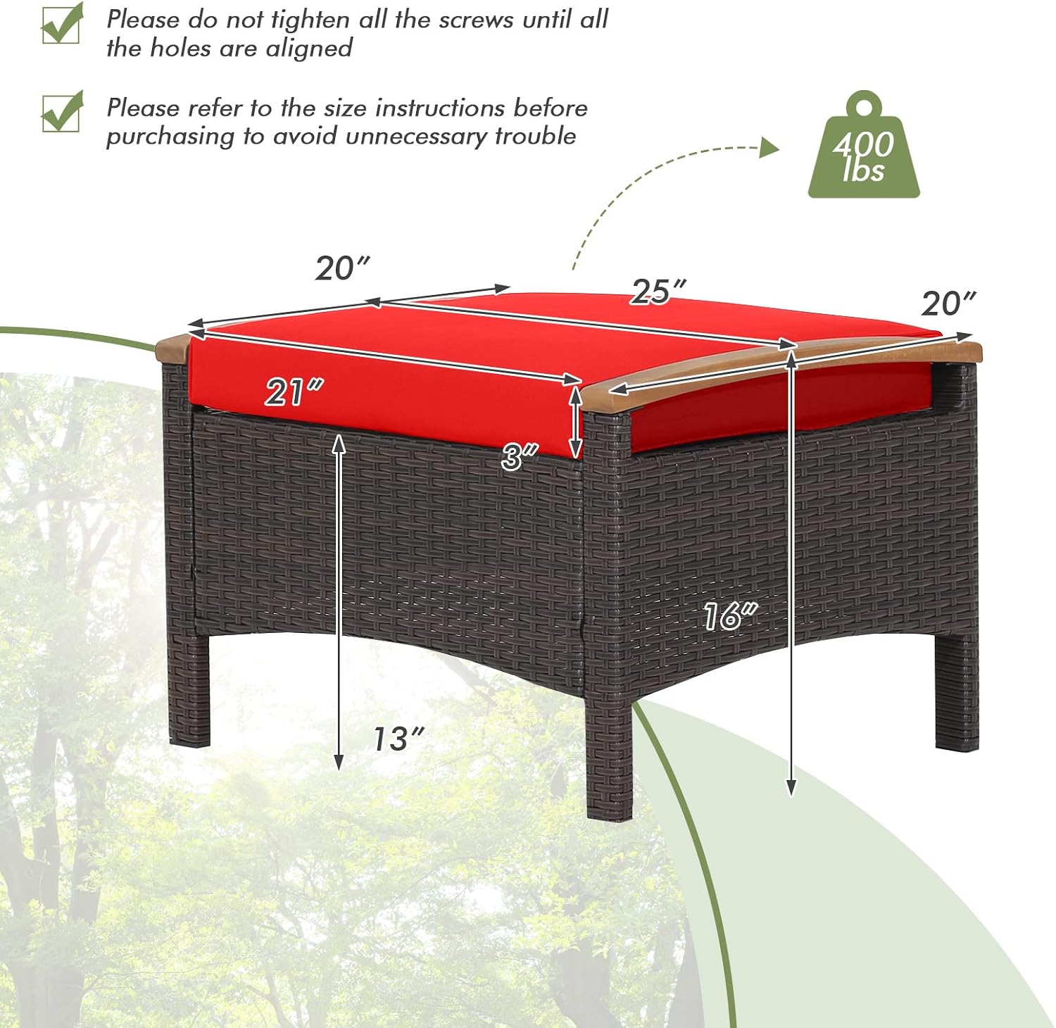 HAPPYGRILL Set of 2 Outdoor Patio Ottoman PE Rattan Wicker Ottomans with Removable Cushions and Solid Acacia Wood Handle Outdoor Footstool Footrest Set Seats and Side Table Set