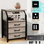 SZLHANJZ Night Stand Set of 2, Nightstands with Charger Station and LED Lights, End Tables Set with 3 Fabric Drawers, Storage Side Tables for Bedside, Living Room, Greige