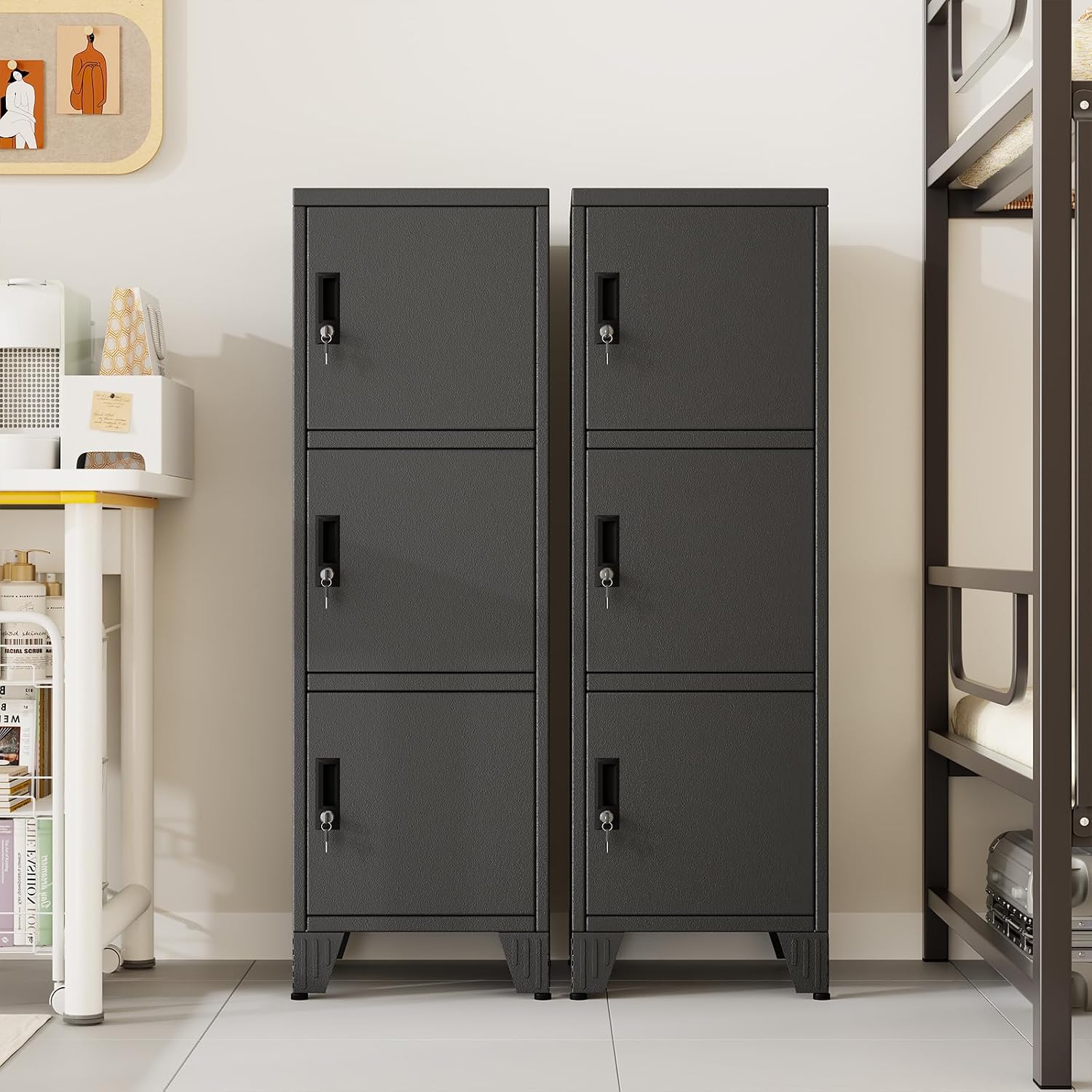Metal Lockers for Employees-3 Doors Storage Locker with Shelves and Lockable Steel Cabinet for School,Gym,Office,Staff,Assembly Required,Black