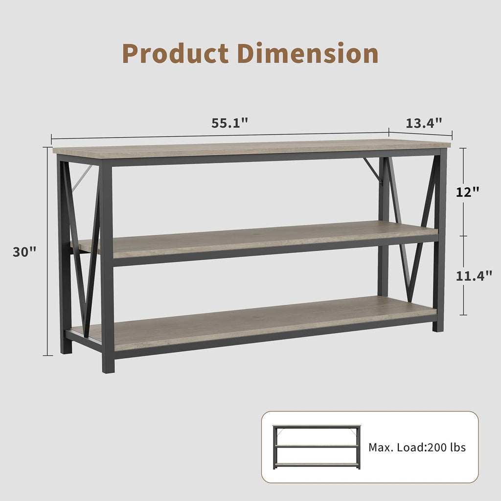 IDEALHOUSE Industrial Entryway Table, 47 in Narrow Long Console Table with Storage, 3 Tier Wood Console Table for Living Room, Farmhouse Sofa Tables Behind Couch, Hallway Table for Foyer-Grey