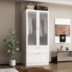 MOUMON Modern Wardrobe with Drawers, Bedroom Armoires with Frosted Glass Doors and Hanging Rod, Armoire Wardrobe Closet with Gold Knobs, Wood Grain 31.5" W x 19.9" D x 70.9" H