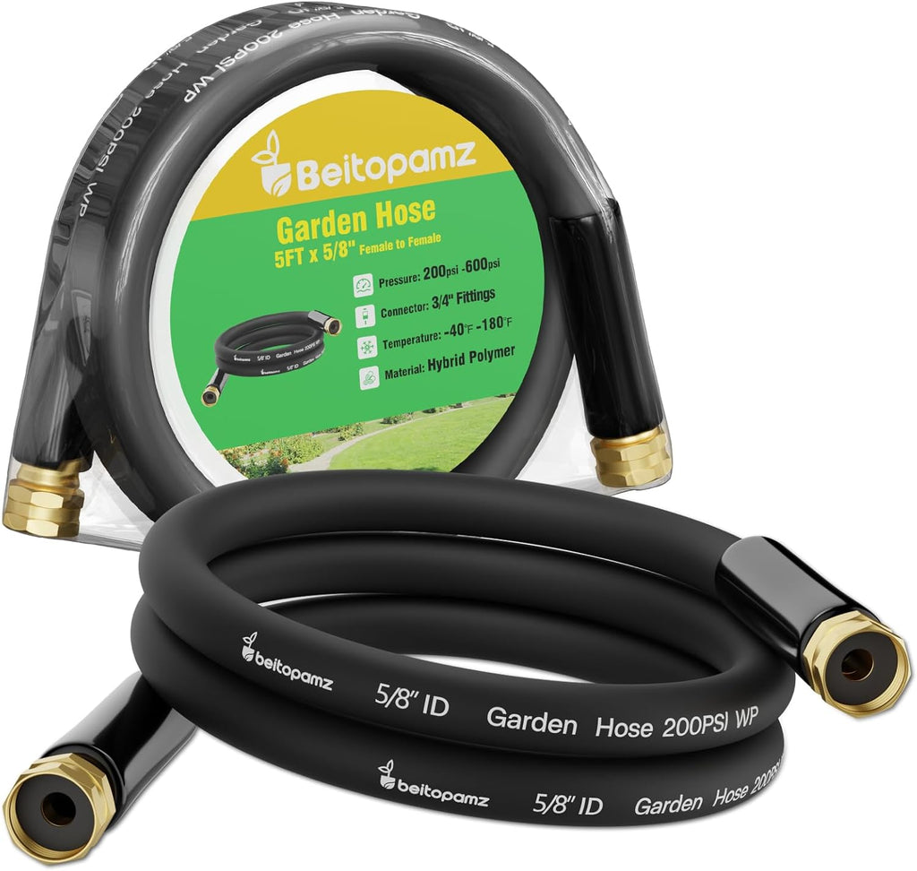 Short Garden Hose 5 ft x 5/8" Female to Female, Heavy Duty Small Water Hose Extend Connector, Leak-Free Connections Hybrid Rubber Leader Hose with 3/4" Double GHT Fittings, Black