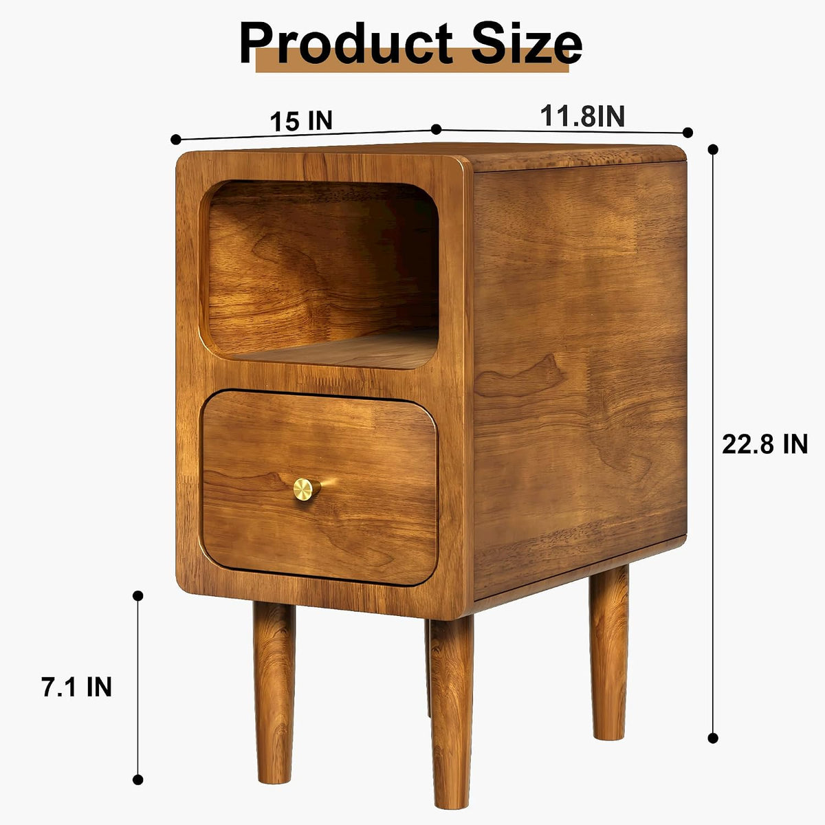 Narrow Nightstand, Solid Wood Night Stand with Drawers, Walnut Mid Century Modern Nightstand, Small Bedside Table with Open Storage Shelf for Bedroom (12 Inch)