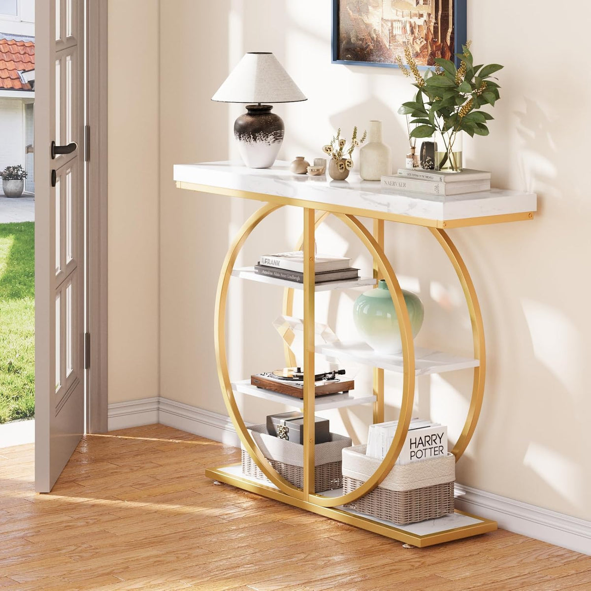 LIFECHOVY 41.3" Console Table for Entryway, Industrial Hallway Sofa Table with Storage Shelves, Narrow Accent Decor Living Room Furniture with Circle Base for Foyer, Entrance, White Gold