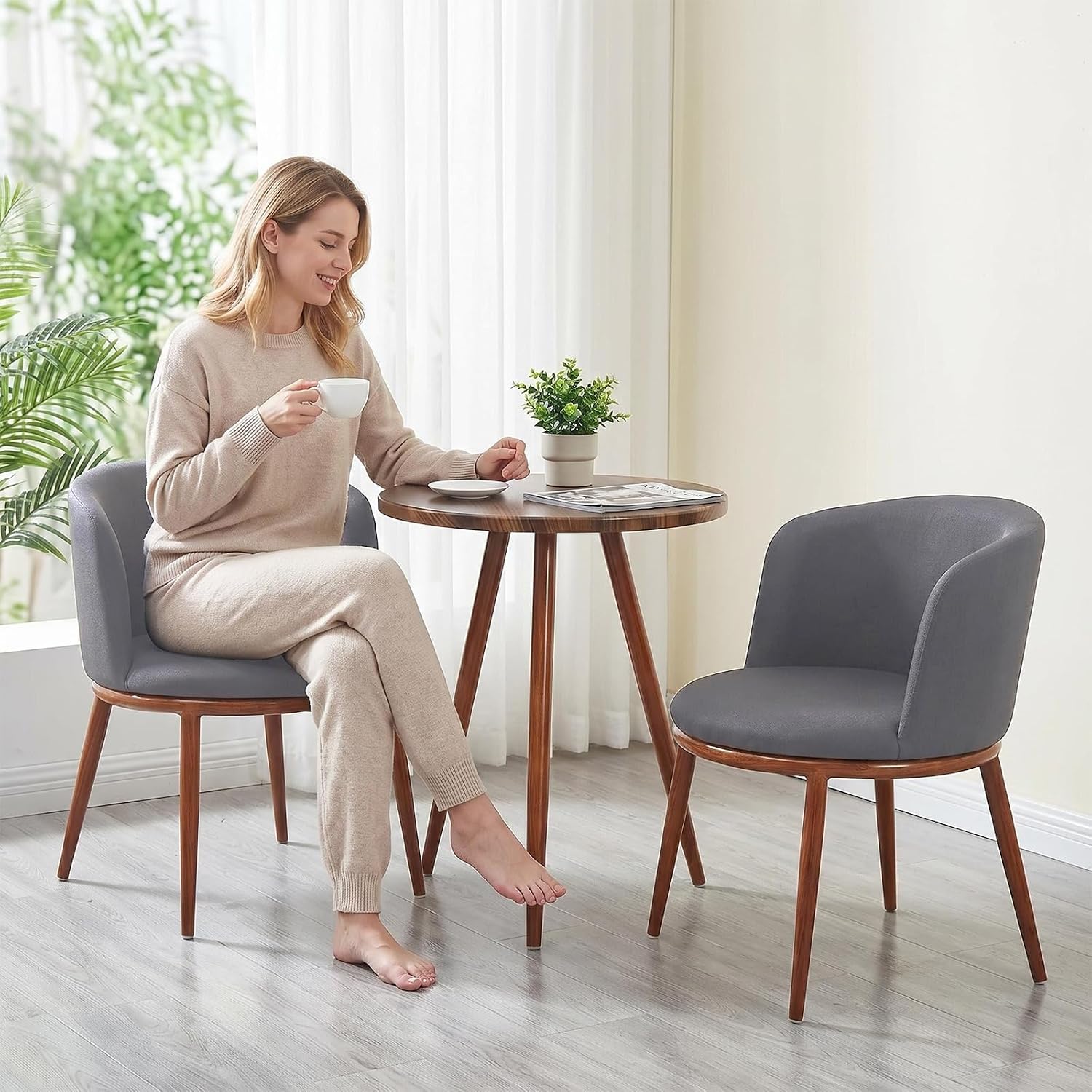 Round Dining Table Set, Upholstered Fabric Chairs with Padded Seat for 2, Space-Saving Modern Nordic Furniture with Sturdy Stainless Steel Legs, Easy to Assemble for Home Office (Grey)