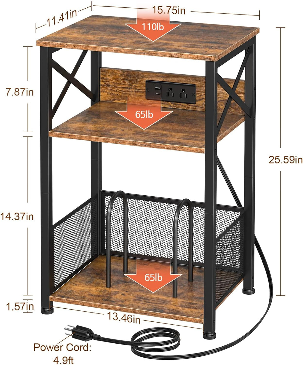 AMHANCIBLE Record Player Stand with Charging Station, Turntable Stand with Storage Cabinet, 3 Tier End Table Hold Up to 100 Albums, Record Table for Vinyl, Living Room, Rustic Brown, HETCD01BR-1