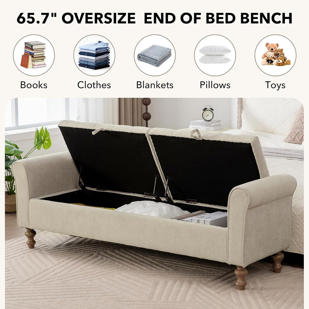 65" Oversize Storage Ottoman Bench, Fleece Upholstered End of Bed Benches with Rolled Armrest, Modern King Size Benches with Rolled Armrest, Window Bench (Griege+Dual-Cover)