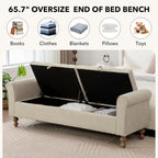 65" Oversize Storage Ottoman Bench, Fleece Upholstered End of Bed Benches with Rolled Armrest, Modern King Size Benches with Rolled Armrest, Window Bench (Griege+Dual-Cover)
