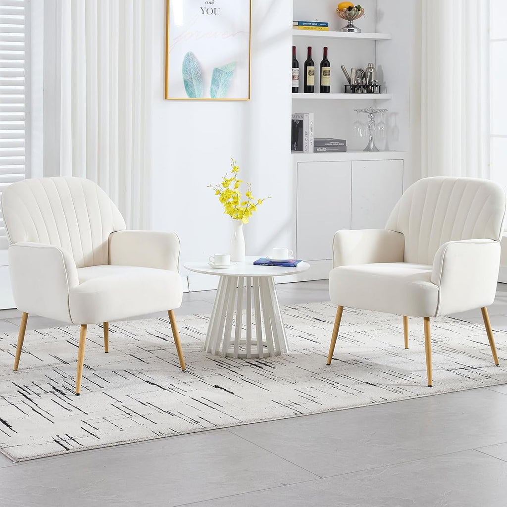 Velvet Accent Chair, Modern Upholstered Single Living Room Chairs with Tufted Back, Cozy Sofa Side Armchair with Metal Legs for Bedroom/Office/Reading Room, Beige