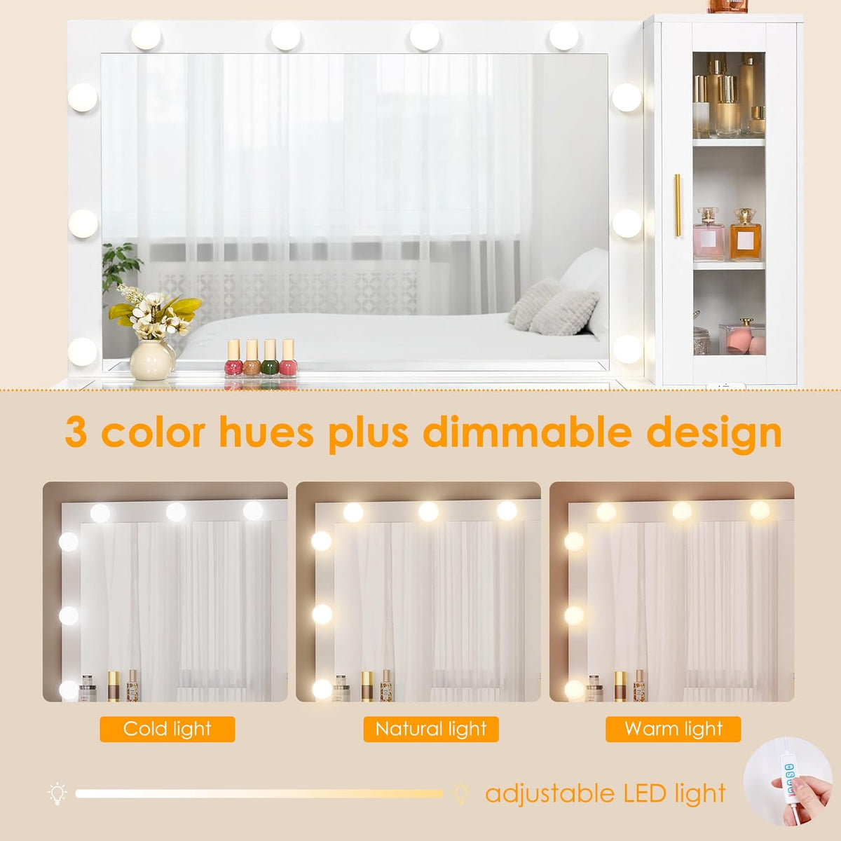 BEWISHOME 49.2" Large Glass Top Vanity Desk with Lighted Mirror and Stool | White Makeup Vanity table with Nightstand,Power Outlet,5 Storage Drawers,3 Lighting Modes,Dressing Table for Bedroom Women