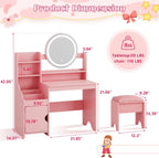 Vabches Kids Vanity with Lights, Toddler Vanity Table and Chair Set | Princess Makeup Vanity Desk with Open Bookshelf, Storage Cabinet & Shelves, Pretend Play Vanity Set for Little Girls, Pink