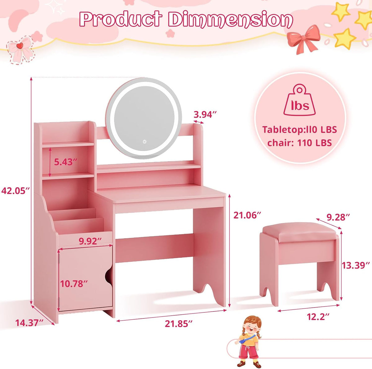 Vabches Kids Vanity with Lights, Toddler Vanity Table and Chair Set | Princess Makeup Vanity Desk with Open Bookshelf, Storage Cabinet & Shelves, Pretend Play Vanity Set for Little Girls, Pink