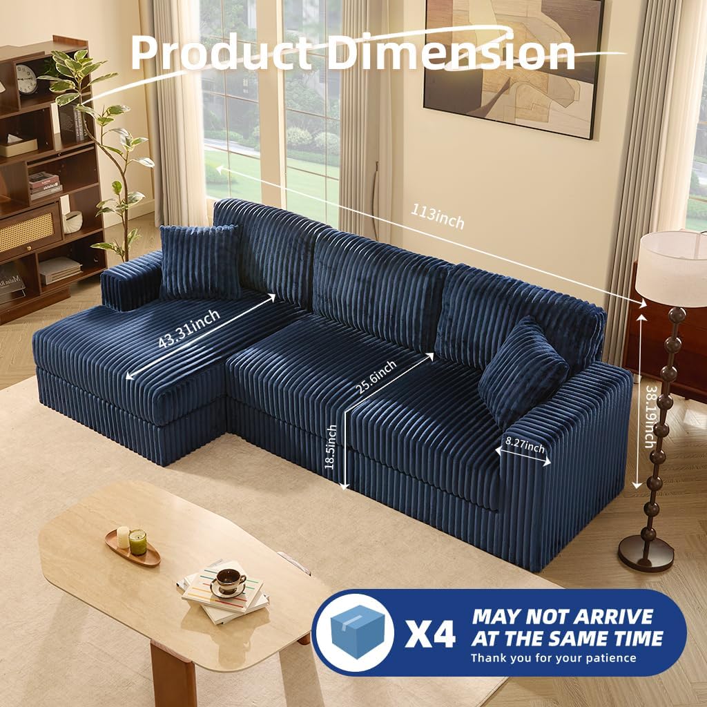 GOSUHI 113" L-Shaped Cloud Couch, Modular Sectional, Deep Seats, Navy | Pocket Spring Cushions, Oversized 3-Seater, Left Facing Chaise, Corduroy Upholstery Couches for Living Room