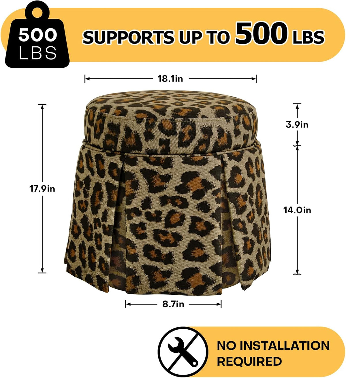 18" Round Storage Ottoman, Upholstered Leopard Print Stool-Foot Rest Skirt Hem, Footstool Pouf with Vietnam Acacia Wood Frame(500Lbs), Reversible Tray Lid for Bedroom,Fully Assembled