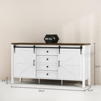 HOMCOM 59 Inch Farmhouse Sideboard Buffet Cabinet with Thick Top, Coffee Bar Cabinet with 2 Sliding Barn Doors, 4 Drawers and 2 Adjustable Shelves for Kitchen, Distressed White