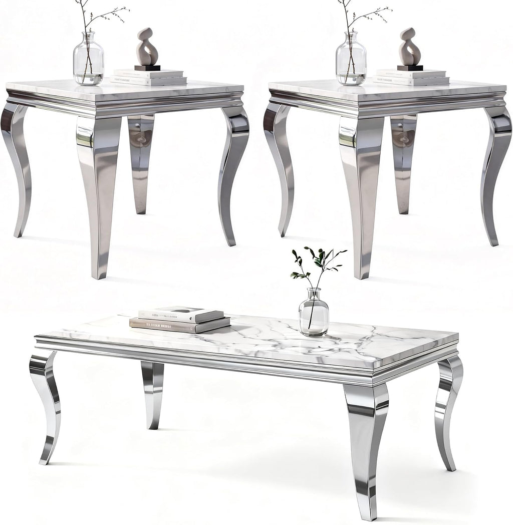 3-Piece Faux Marble Coffee Table Set with Silver Stainless Steel Legs | Modern Rectangular Center Table and 2 Square End Tables for Living Room, Office