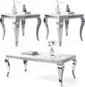 3-Piece Faux Marble Coffee Table Set with Silver Stainless Steel Legs | Modern Rectangular Center Table and 2 Square End Tables for Living Room, Office