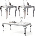 3-Piece Faux Marble Coffee Table Set with Silver Stainless Steel Legs | Modern Rectangular Center Table and 2 Square End Tables for Living Room, Office