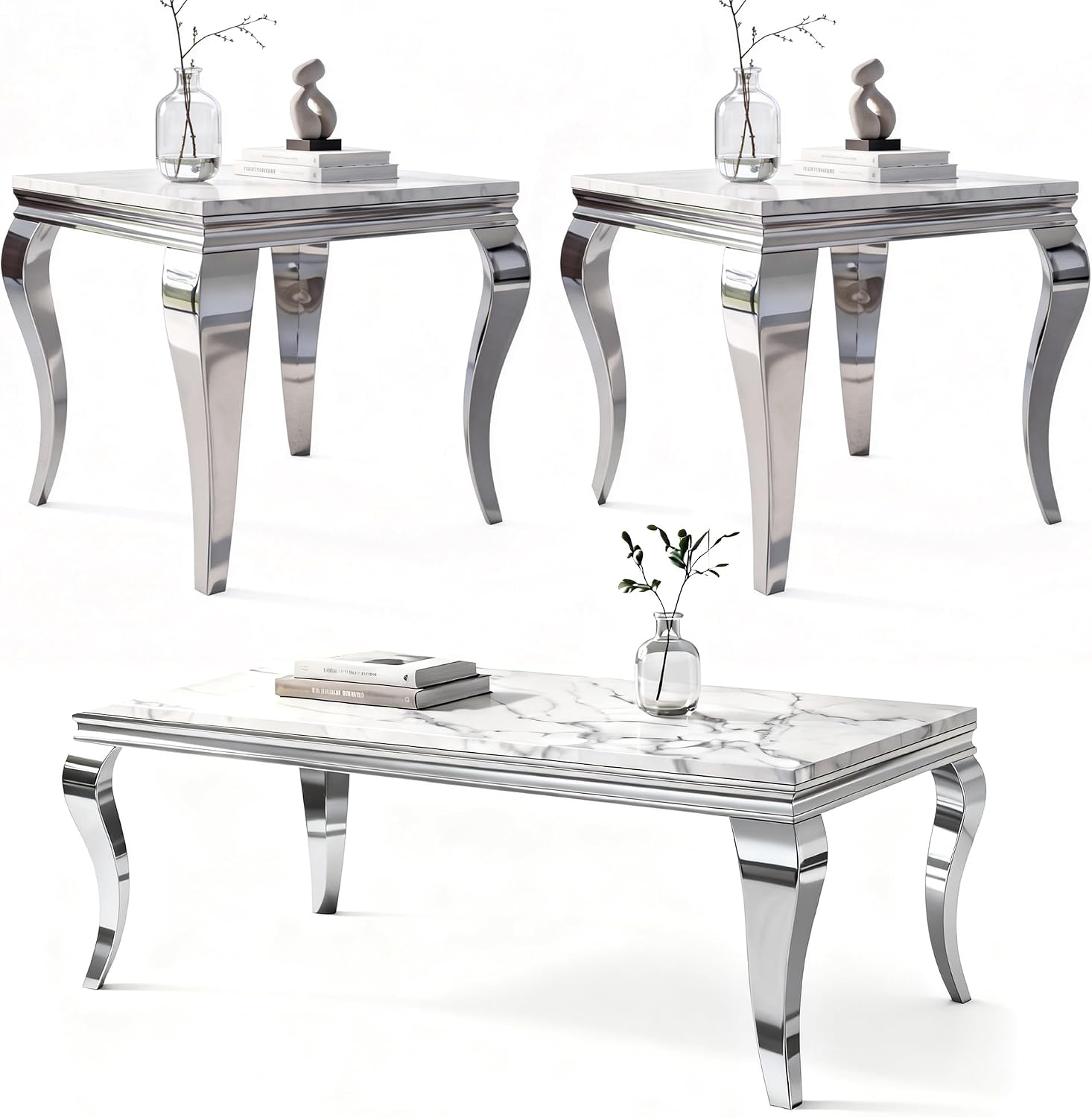 3-Piece Faux Marble Coffee Table Set with Silver Stainless Steel Legs | Modern Rectangular Center Table and 2 Square End Tables for Living Room, Office