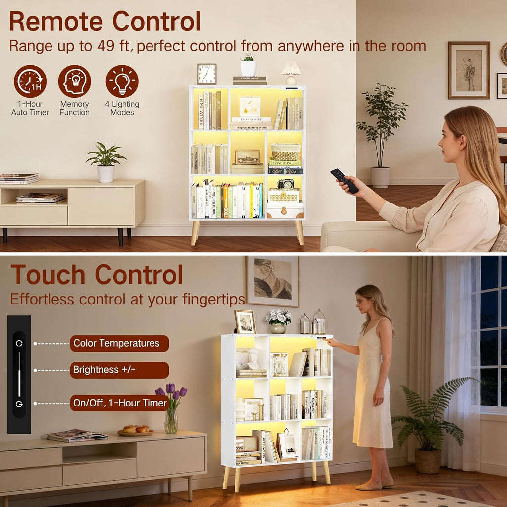 7-Cube Bookshelf with LED Lights, Touch & Remote Control, Freestanding Open Bookcase Storage Shelf, Dimmable Modern Wooden Display Organizer with Legs for Living Room, Bedroom, Office(White)