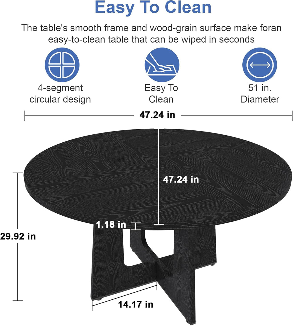 Round Farmhouse Dining Room Table for 6, 47" MDF Circle Kitchen Table with Wood Grain Finish, Wooden Kitchen and Dining Table for Dining Room, Kitchen, Living Room, Black