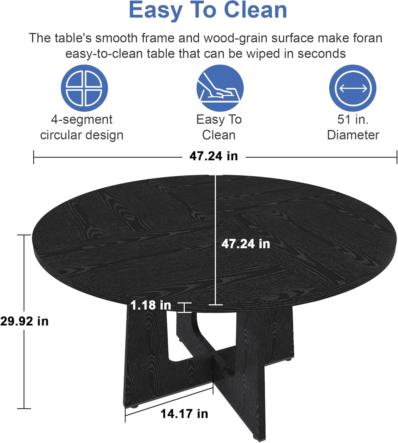 Round Farmhouse Dining Room Table for 6, 47" MDF Circle Kitchen Table with Wood Grain Finish, Wooden Kitchen and Dining Table for Dining Room, Kitchen, Living Room, Black