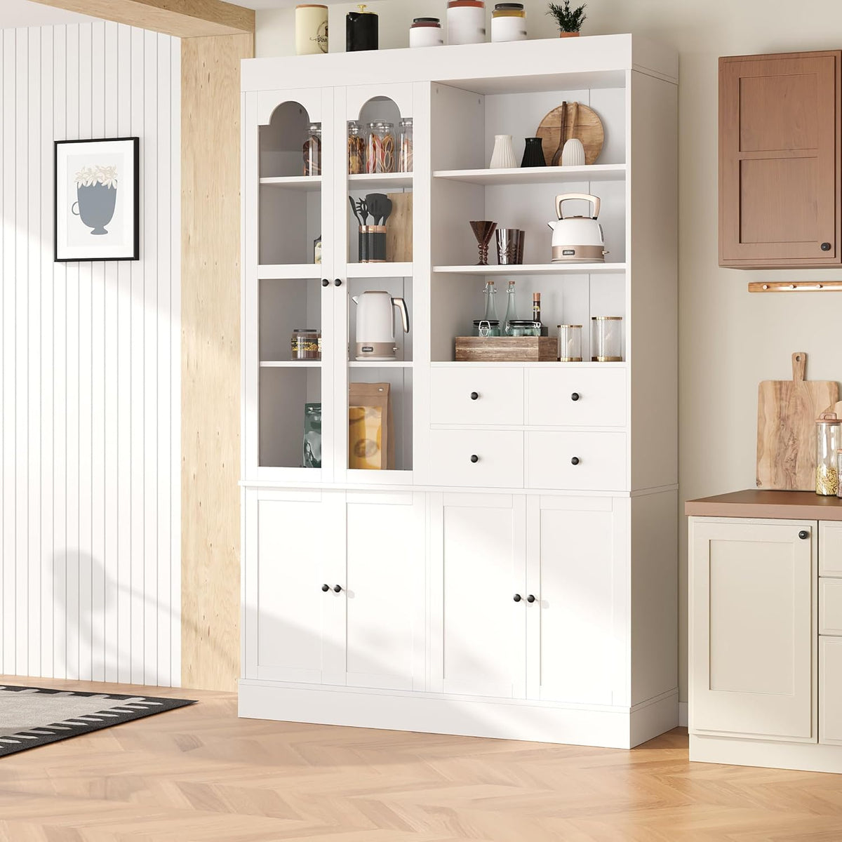 47" Tall Storage Cabinet Pantry Cabinet:with Pull-Out Trays for Kitchen | 47"Tall Storage Cabinet:With Doors and Shelves,Kitchen Pantry Cabinet With Hutch,4 Drawers,Pantry Storage With Pull-out Trays
