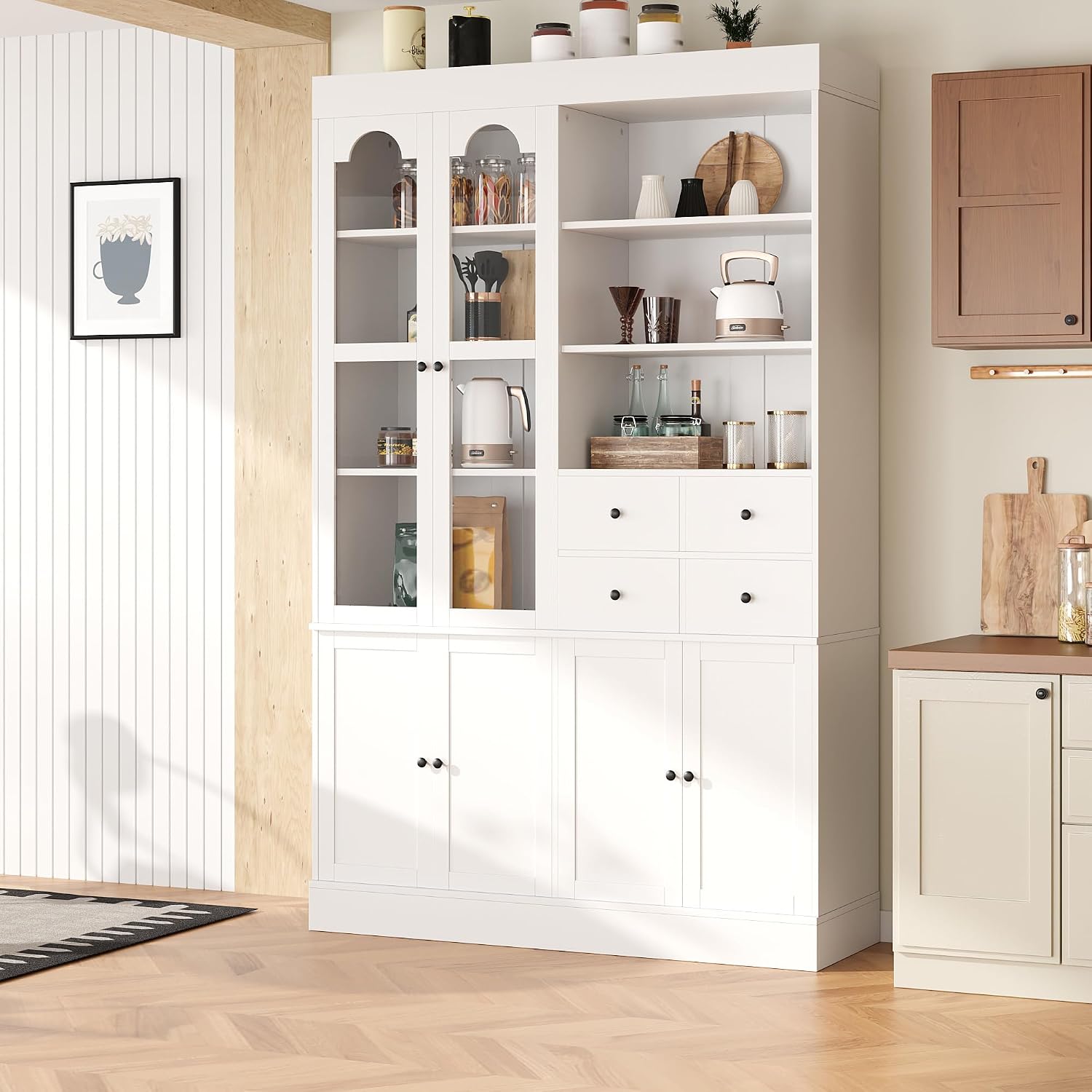 Virubi 75 Inch Tall Kitchen Pantry Storage Cabinet with Glass Doors, Freestanding Buffet with Hutch 4 Drawers&Built-in Door Shelves&Pull-Out Trays for Dining Room, Food Pantry for Living Room (White)