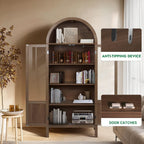 Arched Storage Cabinet with 2 Doors and 5-Tier Shelves for Living Room, 71" Tall Wooden Pantry Cabinet for Dining Room and Kitchen, Floor Bathroom Organizer, Brown