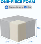 Living&Giving Square Outdoor Ottoman Pouf, 24 Inch Waterproof Patio Ottoman Foot Rest with Solid High-Density Foam, Comfy Floor Footstool for Outside Couch & Seating, Light Gray
