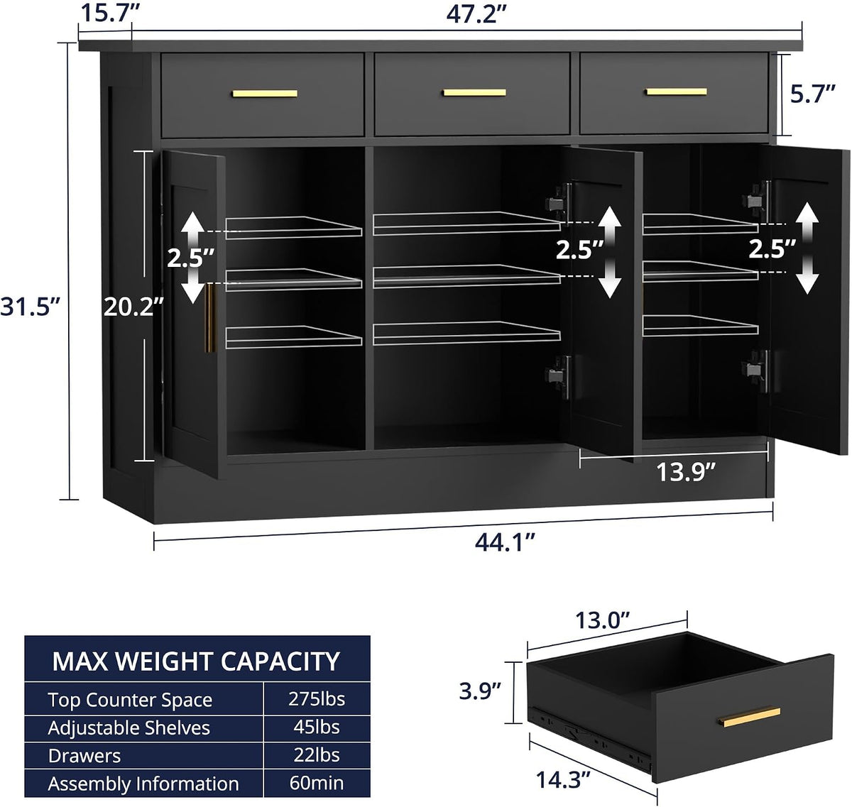 Buffet Cabinet with Storage - Buffets & Sideboards Kitchen Storage Cabinet, Wood Console Table Coffee Bar Accent Cabinets for Living Room Dining Room Entryway Large 3 Doors & Drawers, Black 47.2"W
