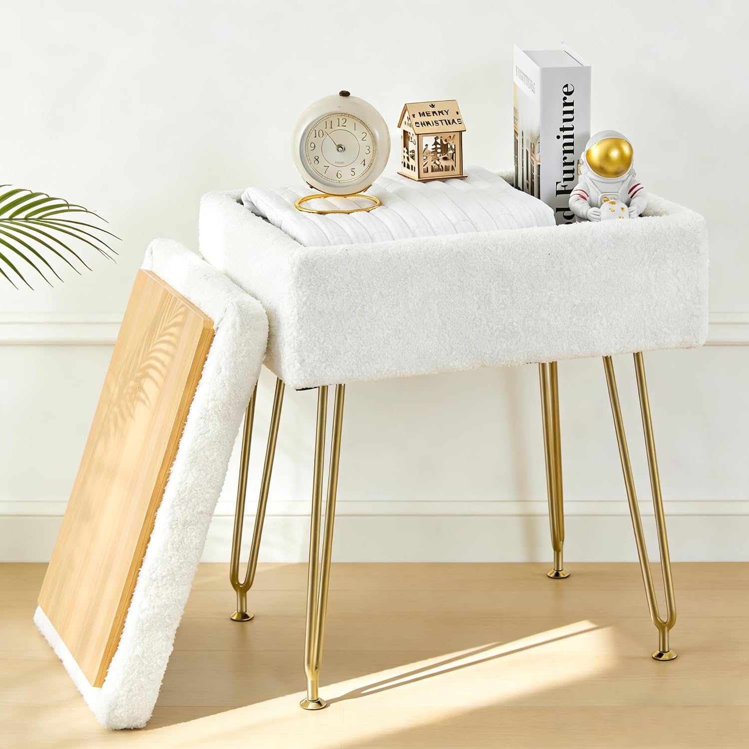 BRIAN & DANY Vanity Stool, Sherpa Vanity Stool Chair with Storage, Rectangle Makeup Chair Soft Padded Seat with Legs for Bedroom (White)