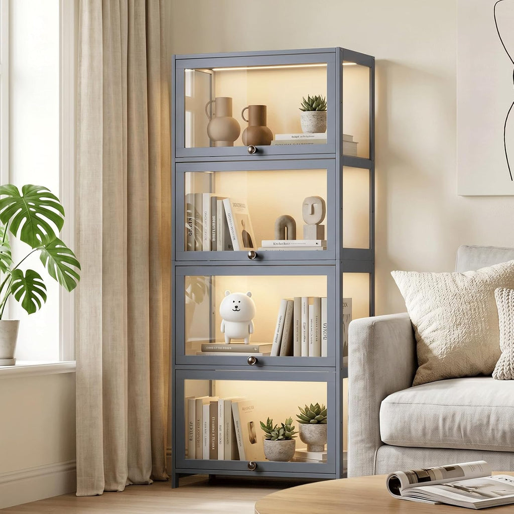 Magshion Display Cabinet, 4-Tier Curio Cabinet with Acrylic Doors | 55" Tall, 33Lbs per Shelf, Flip-up Door w/ Hidden Recess, for Collectibles, Living Room, Grey